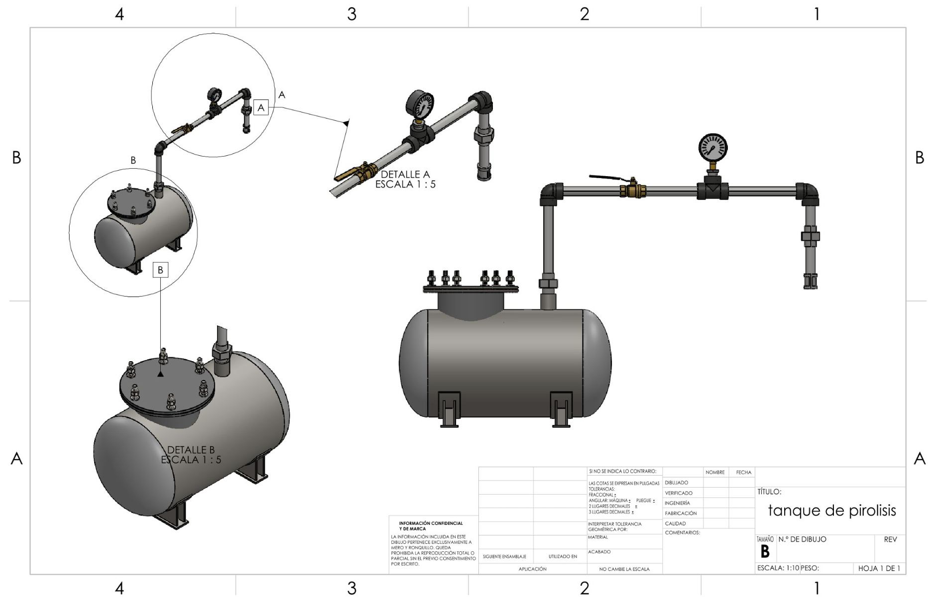 Ensamble del reactor horizontal de pirólisis con sistema de tuberías y manifiold de quemadores GLP