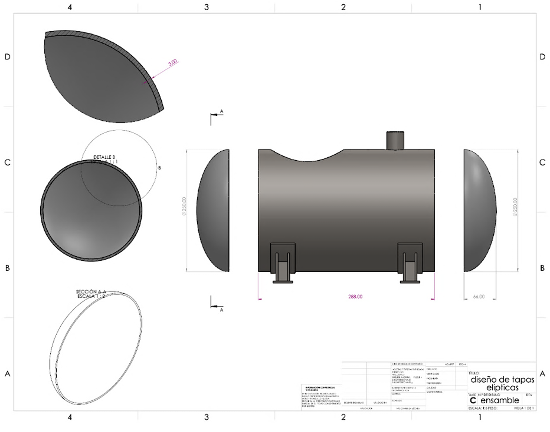 Plano de diseño del cuerpo cilíndrico del reactor con cabezas elípticas 2:1, Ø250 mm, acero ASTM A36 (escala 1:10)