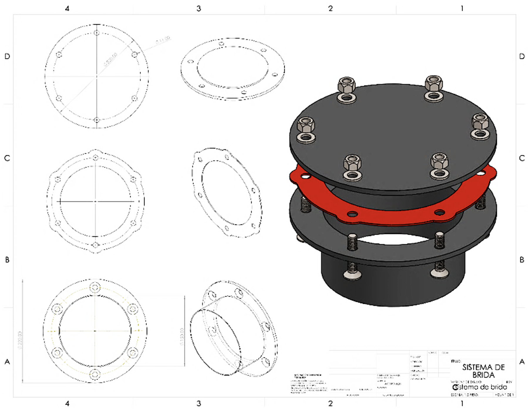 Detalle de la brida de cierre: Ø220 mm exterior, Ø153 mm interior, 8 perforaciones Ø11 mm, con empaque de hermeticidad