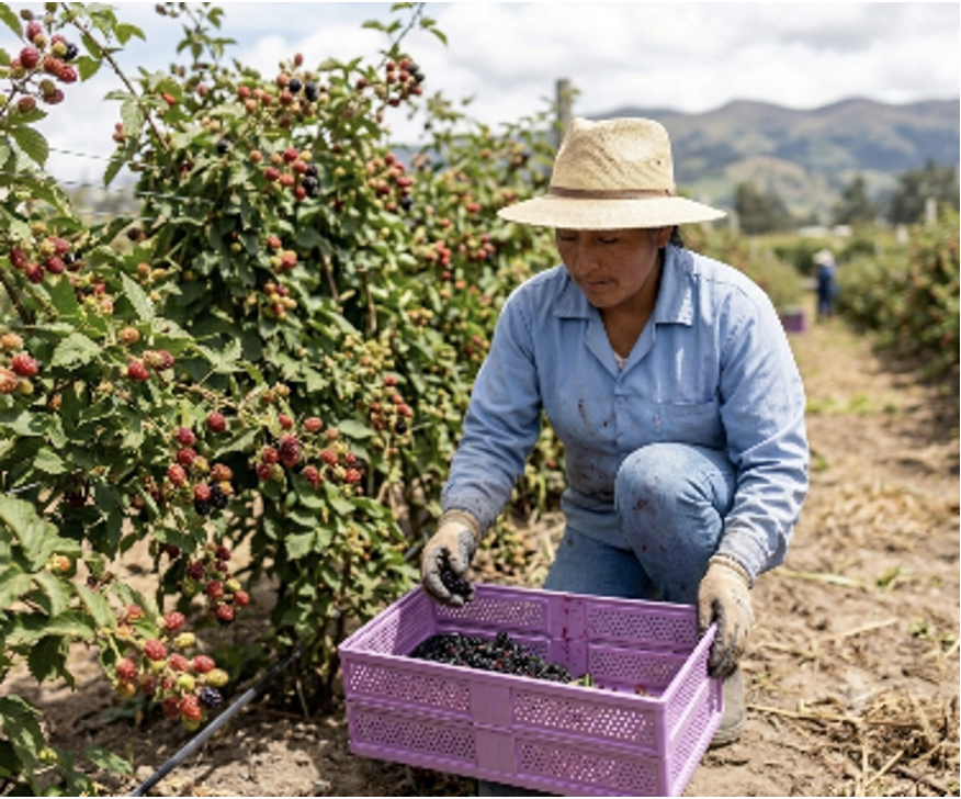 (d) Persona recolectando mora en el campo y depositándola en la caja
